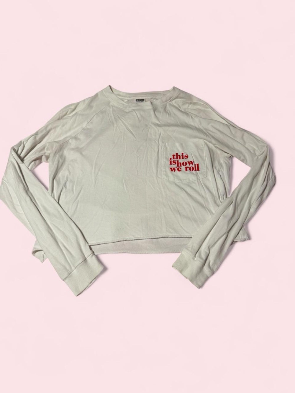 PINK Victoria's Secret White Long-Sleeve Crop Top with Red Pocket Text